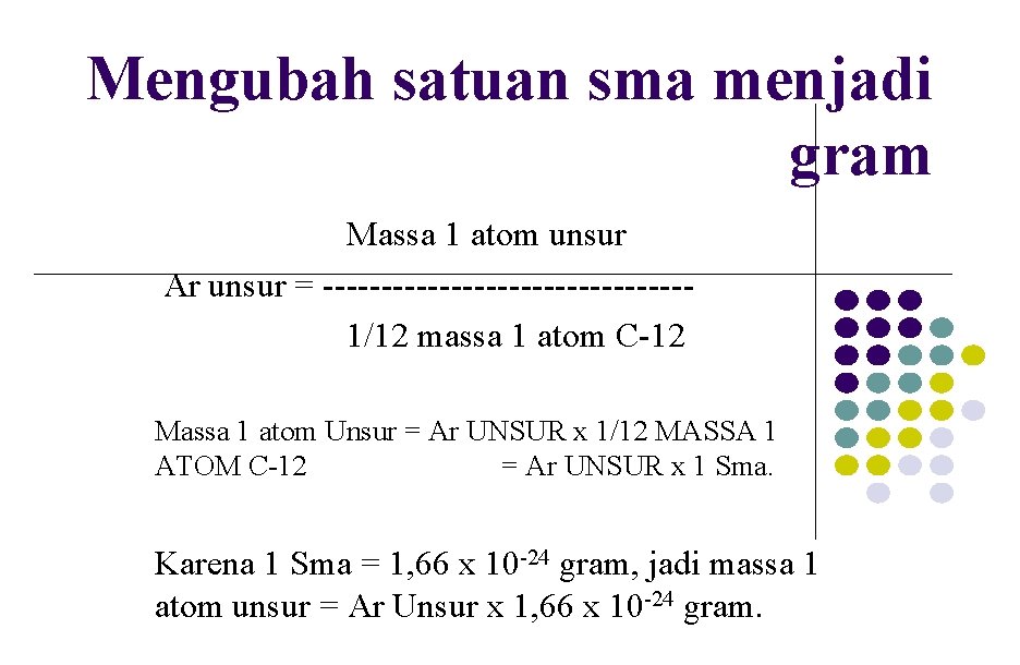 Mengubah satuan sma menjadi gram Massa 1 atom unsur Ar unsur = ----------------1/12 massa