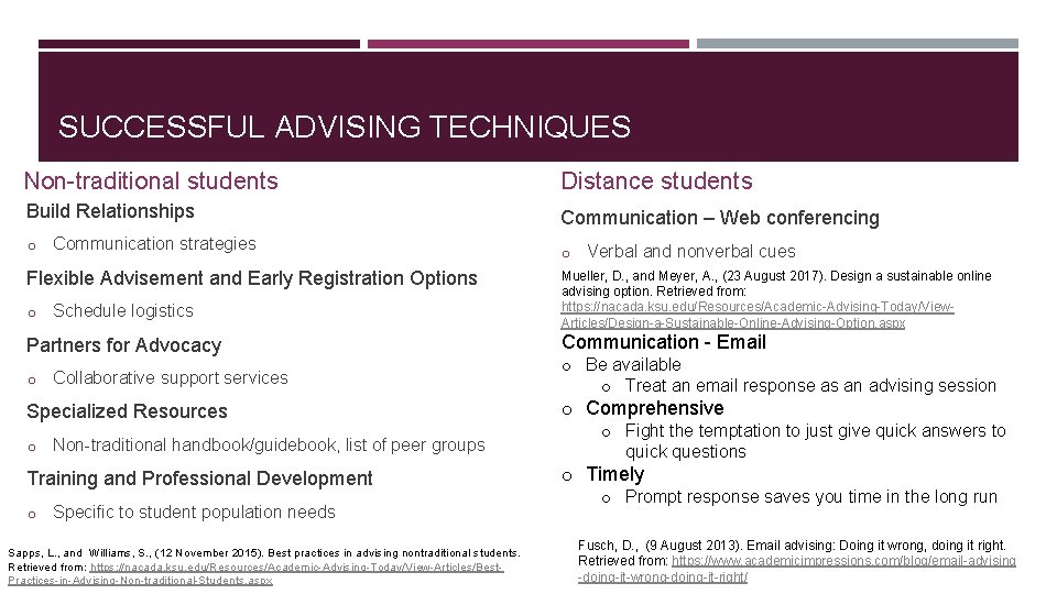 SUCCESSFUL ADVISING TECHNIQUES Non-traditional students Distance students Build Relationships Communication – Web conferencing o