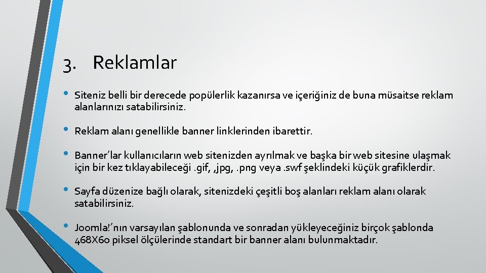 3. Reklamlar • Siteniz belli bir derecede popülerlik kazanırsa ve içeriğiniz de buna müsaitse