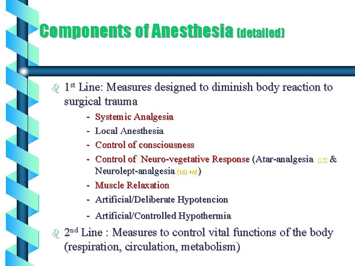Components of Anesthesia (detailed) b 1 st Line: Measures designed to diminish body reaction