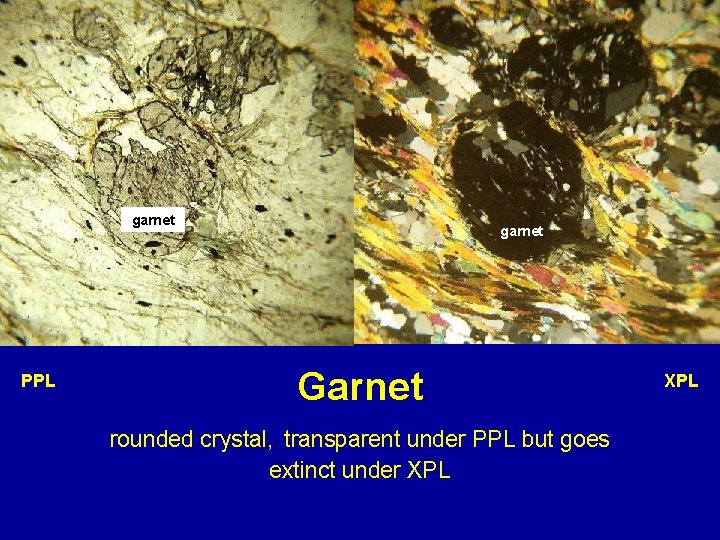 garnet PPL garnet Garnet rounded crystal, transparent under PPL but goes extinct under XPL