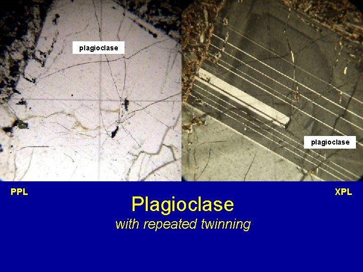 plagioclase PPL Plagioclase with repeated twinning XPL 