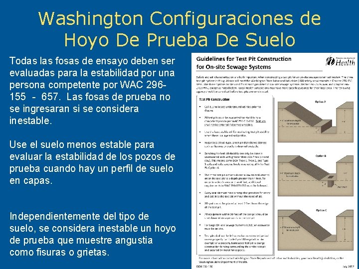 Washington Configuraciones de Hoyo De Prueba De Suelo Todas las fosas de ensayo deben