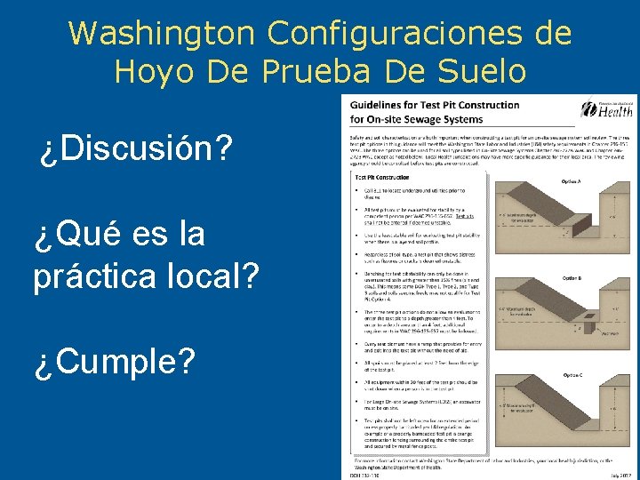 Washington Configuraciones de Hoyo De Prueba De Suelo ¿Discusión? ¿Qué es la práctica local?