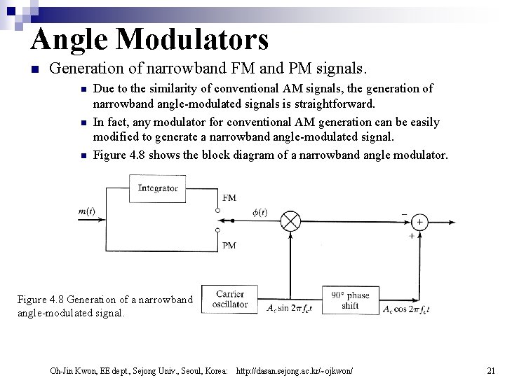 Angle Modulators n Generation of narrowband FM and PM signals. n n n Due Angle Modulators n Generation of narrowband FM and PM signals. n n n Due