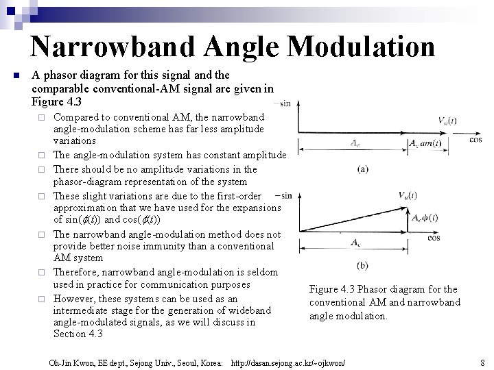 Narrowband Angle Modulation n A phasor diagram for this signal and the comparable conventional-AM Narrowband Angle Modulation n A phasor diagram for this signal and the comparable conventional-AM