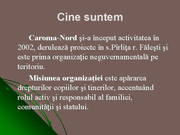 Cine suntem Caroma-Nord şi-a început activitatea în 2002, derulează proiecte în s. Pîrliţa r.