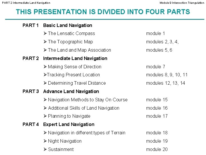 PART 2 Intermediate Land Navigation Module 9 Intersection Triangulation THIS PRESENTATION IS DIVIDED INTO