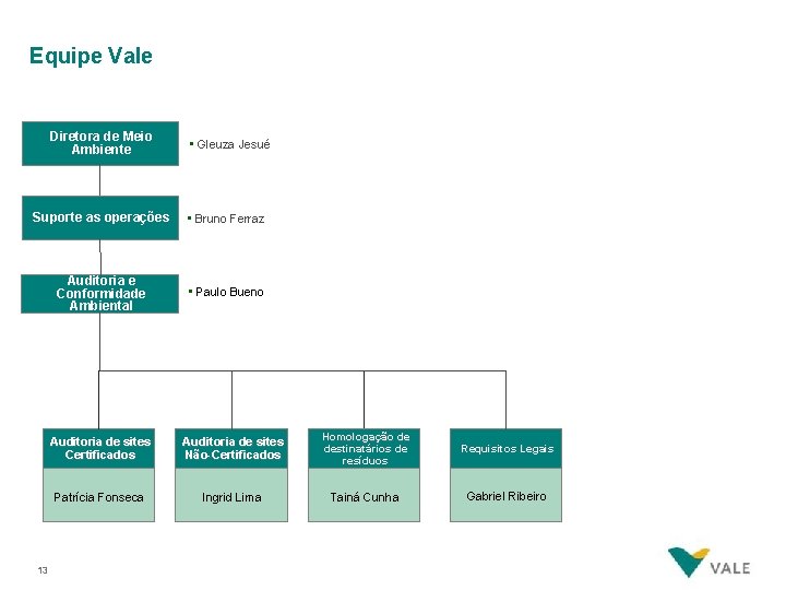 Equipe Vale Diretora de Meio Ambiente • Gleuza Jesué Suporte as operações • Bruno
