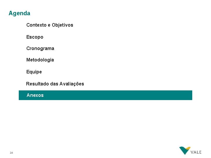 Agenda Contexto e Objetivos Escopo Cronograma Metodologia Equipe Resultado das Avaliações Anexos 24 