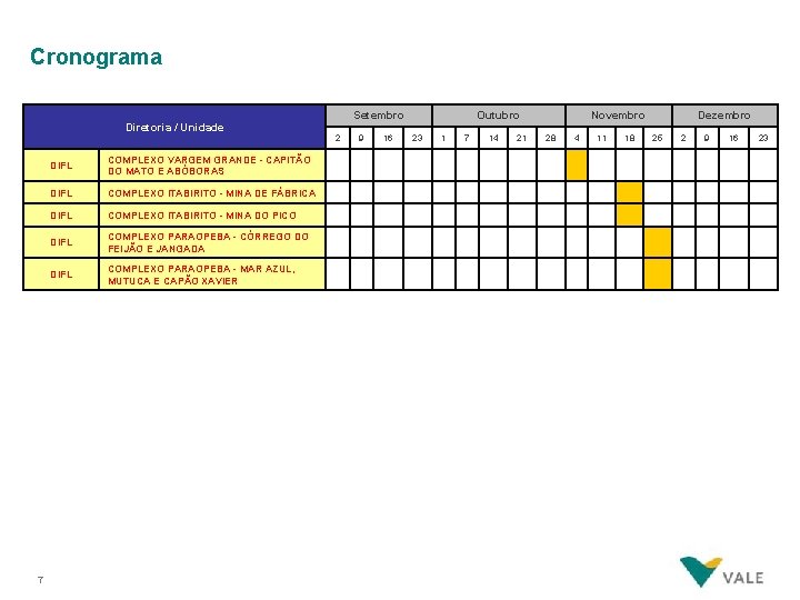 Cronograma Diretoria / Unidade 7 DIFL COMPLEXO VARGEM GRANDE - CAPITÃO DO MATO E