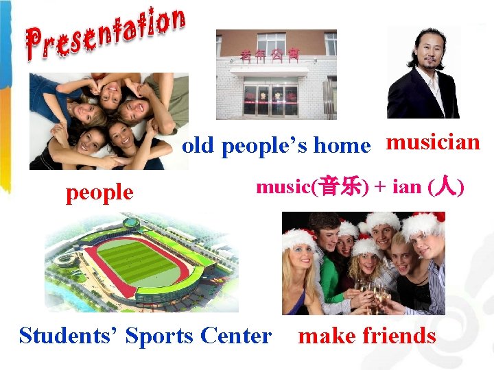 old people’s home musician people music(音乐) + ian (人) Students’ Sports Center make friends