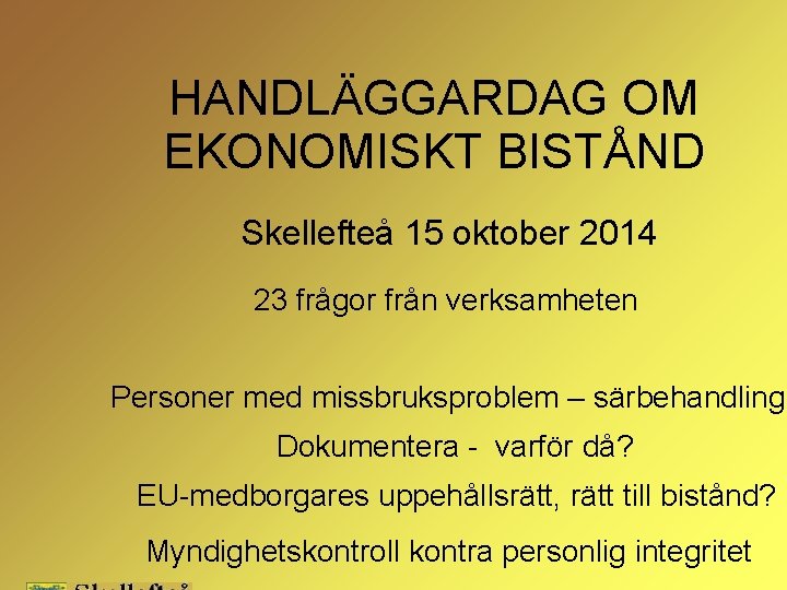 HANDLÄGGARDAG OM EKONOMISKT BISTÅND Skellefteå 15 oktober 2014 23 frågor från verksamheten Personer med