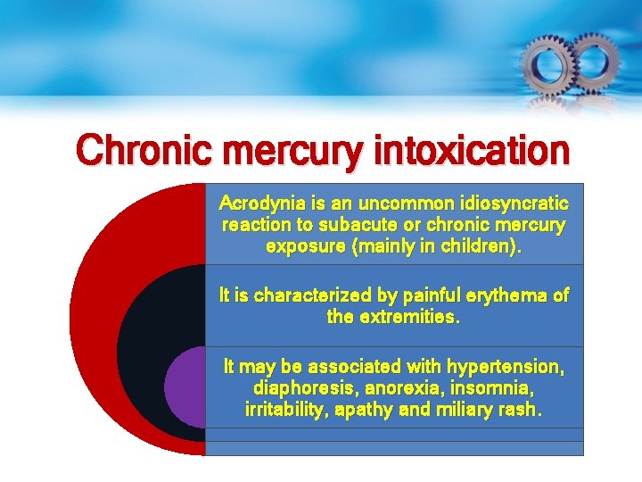Chronic mercury intoxication Acrodynia is an uncommon idiosyncratic reaction to subacute or chronic mercury