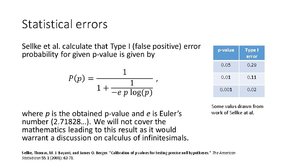 Statistical errors • p-value Type I error 0. 05 0. 29 0. 01 0.