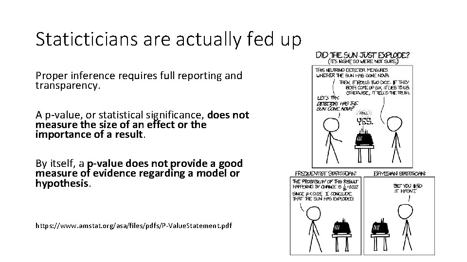 Staticticians are actually fed up Proper inference requires full reporting and transparency. A p-value,