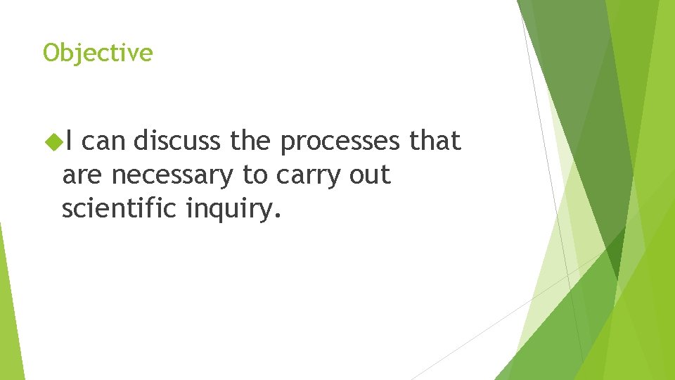 Objective I can discuss the processes that are necessary to carry out scientific inquiry.