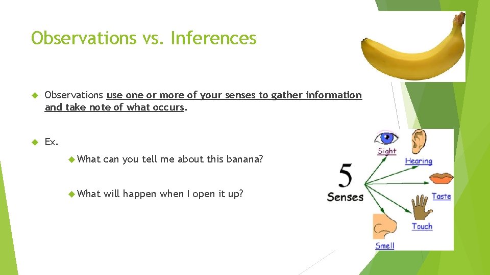 Observations vs. Inferences Observations use one or more of your senses to gather information