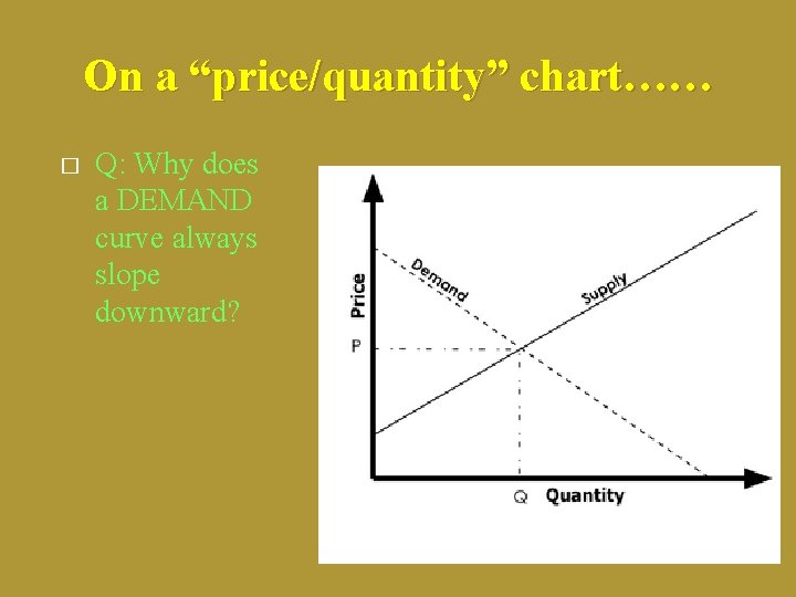 On a “price/quantity” chart…… � Q: Why does a DEMAND curve always slope downward?