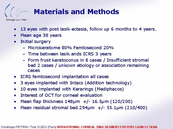 Materials and Methods • 13 eyes with post lasik ectasia, follow up 6 months