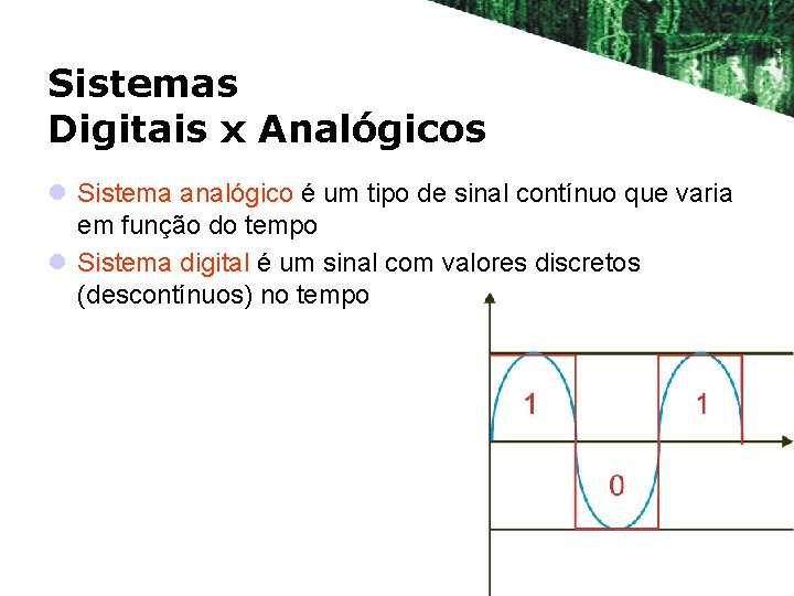 Sistemas Digitais x Analógicos l Sistema analógico é um tipo de sinal contínuo que