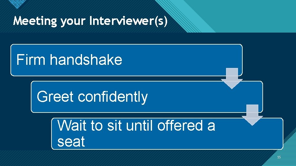 Click to edit Master title style Meeting your Interviewer(s) Firm handshake Greet confidently Wait