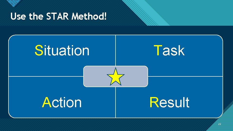 Click to edit Master title style Use the STAR Method! Situation Task Action Result