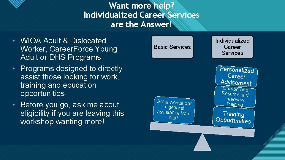 Want more help? Individualized Click to edit Master title style Career Services are the