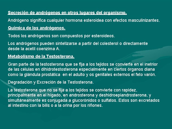 Secreción de andrógenos en otros lugares del organismo. Andrógeno significa cualquier hormona esteroidea con