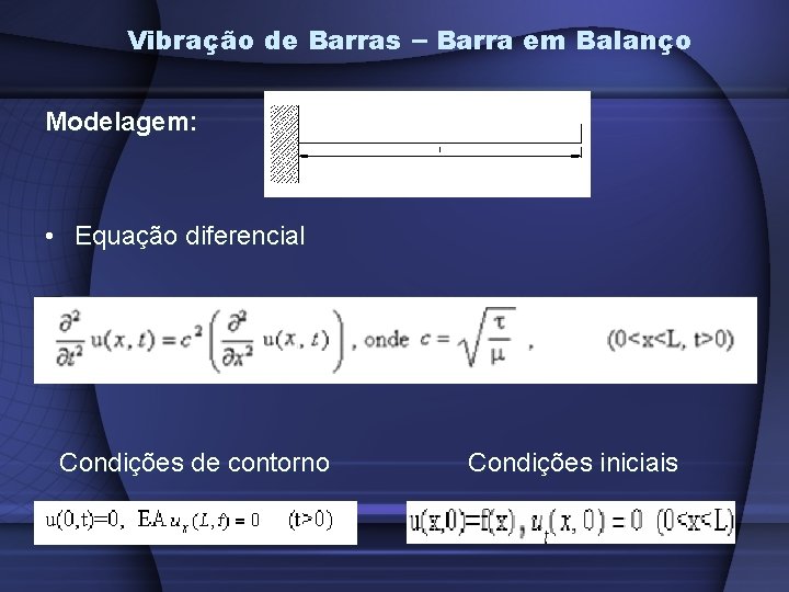 Vibração de Barras – Barra em Balanço Modelagem: • Equação diferencial Condições de contorno