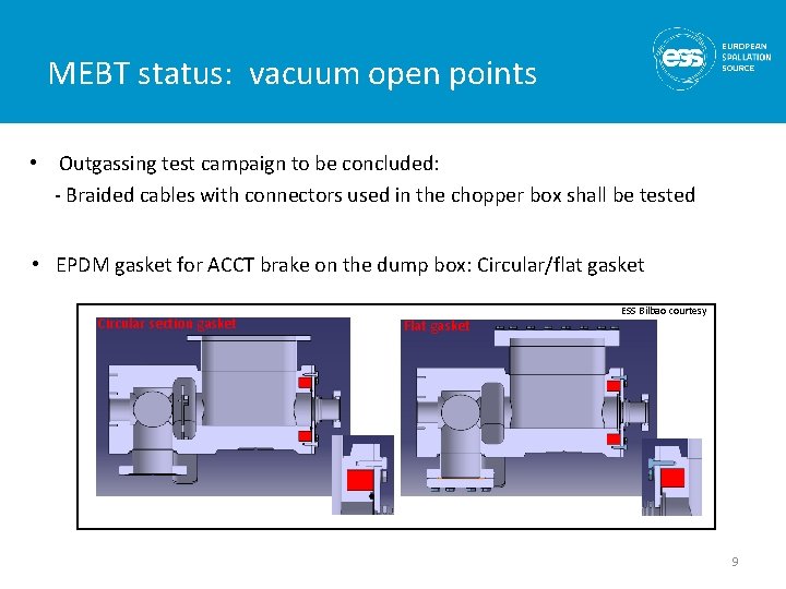 MEBT status: vacuum open points • Outgassing test campaign to be concluded: - Braided