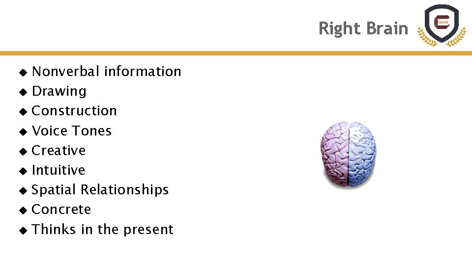 Right Brain Nonverbal information Drawing Construction Voice Tones Creative Intuitive Spatial Relationships Concrete Thinks