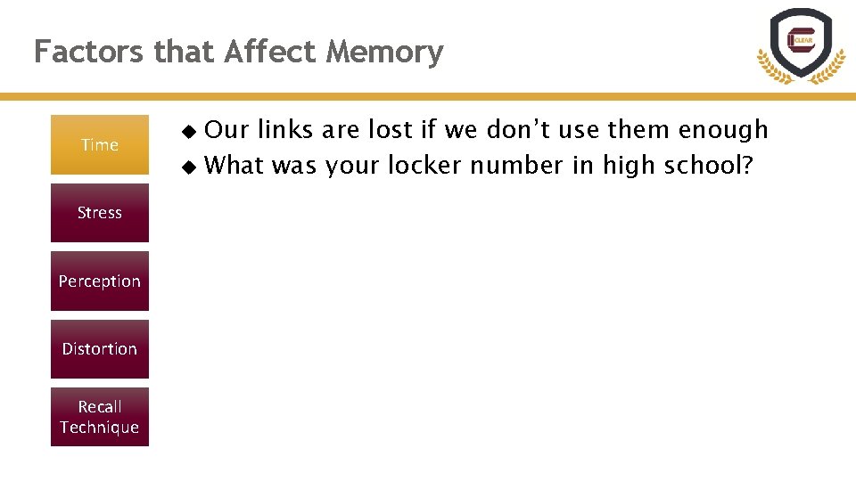 Factors that Affect Memory Time Stress Perception Distortion Recall Technique Our links are lost