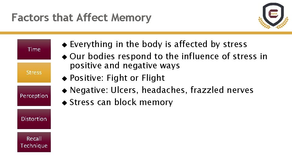 Factors that Affect Memory Time Stress Perception Distortion Recall Technique Everything in the body