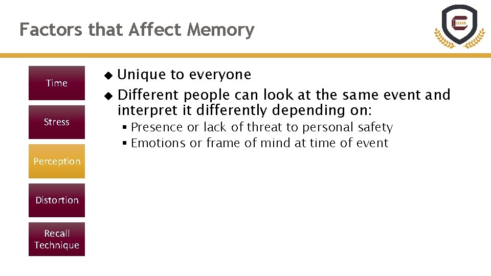 Factors that Affect Memory Time Stress Perception Distortion Recall Technique Unique to everyone Different