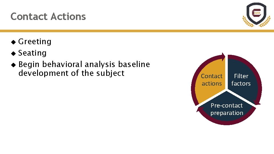 Contact Actions Greeting Seating Begin behavioral analysis baseline development of the subject Contact actions