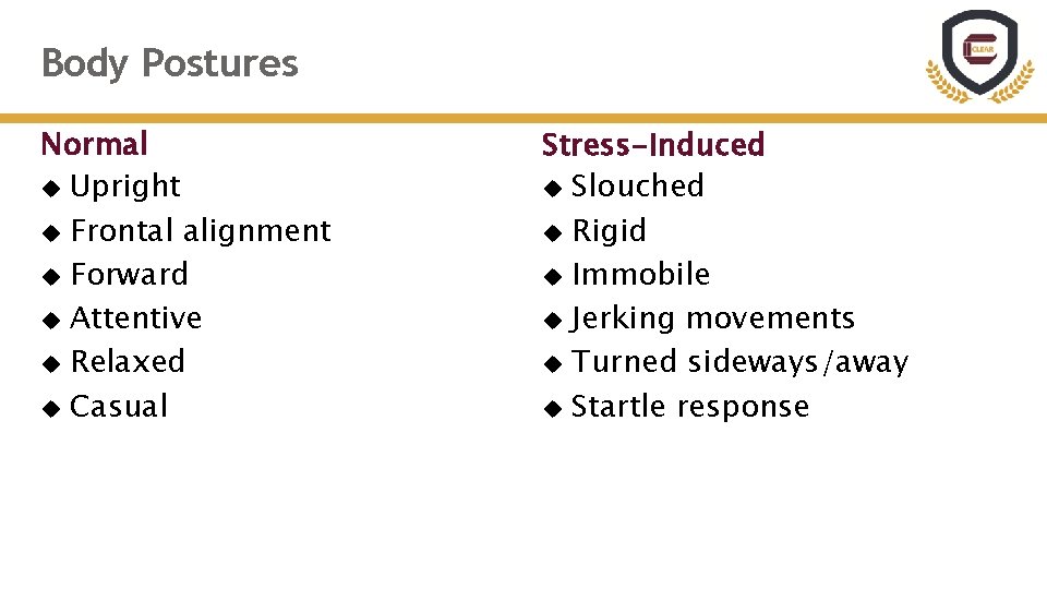 Body Postures Normal Upright Frontal alignment Forward Attentive Relaxed Casual Stress-Induced Slouched Rigid Immobile