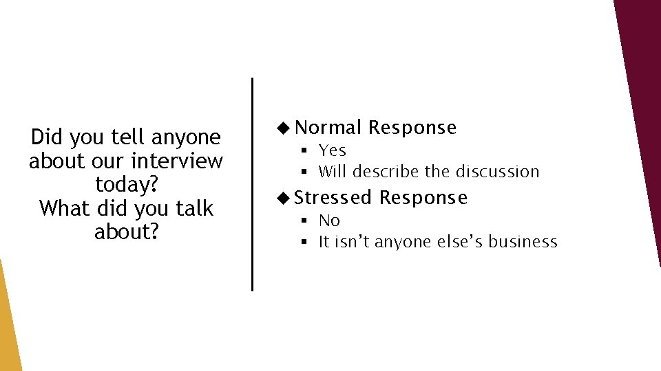 Did you tell anyone about our interview today? What did you talk about? Normal