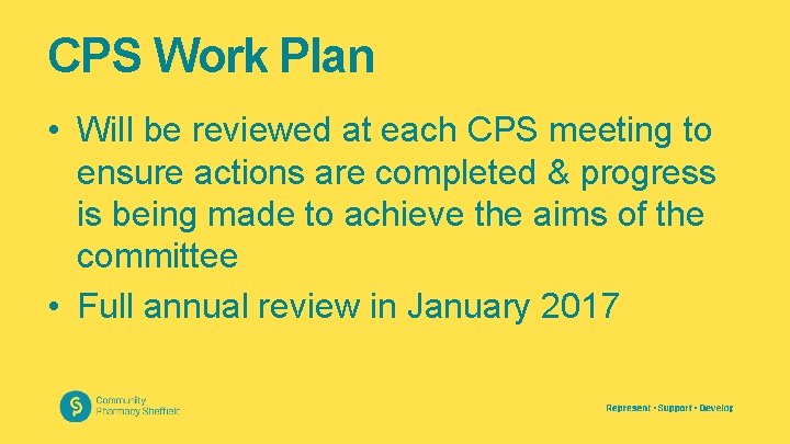 CPS Work Plan • Will be reviewed at each CPS meeting to ensure actions
