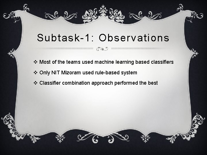 Subtask-1: Observations v Most of the teams used machine learning based classifiers v Only