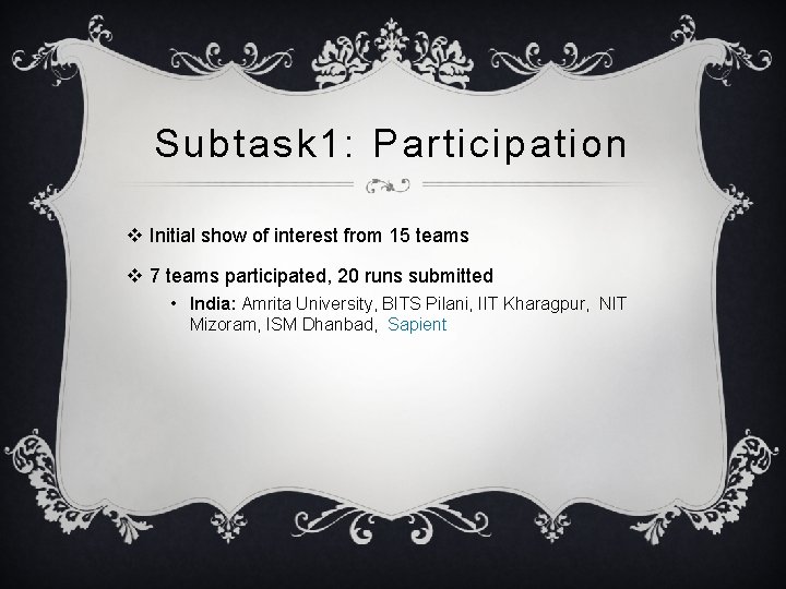 Subtask 1: Participation v Initial show of interest from 15 teams v 7 teams