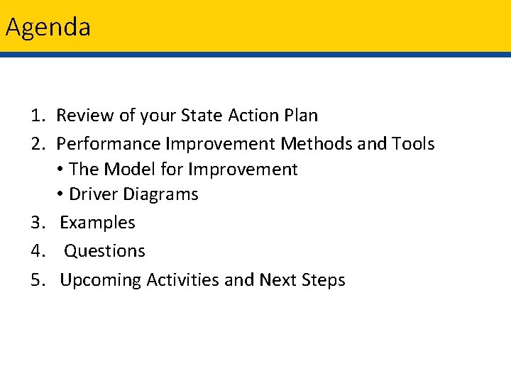 Agenda 1. Review of your State Action Plan 2. Performance Improvement Methods and Tools