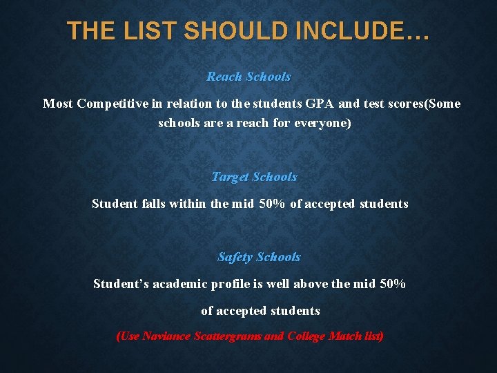 THE LIST SHOULD INCLUDE… Reach Schools Most Competitive in relation to the students GPA