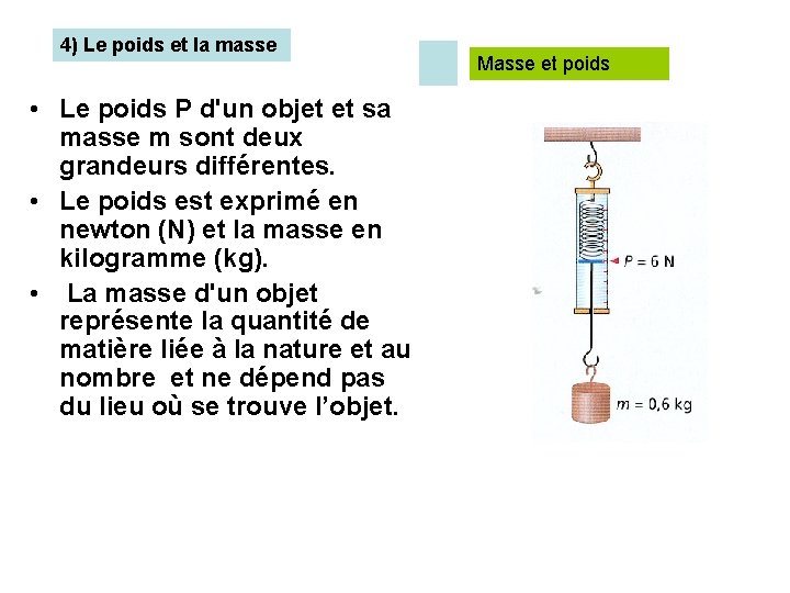 4) Le poids et la masse • Le poids P d'un objet et sa