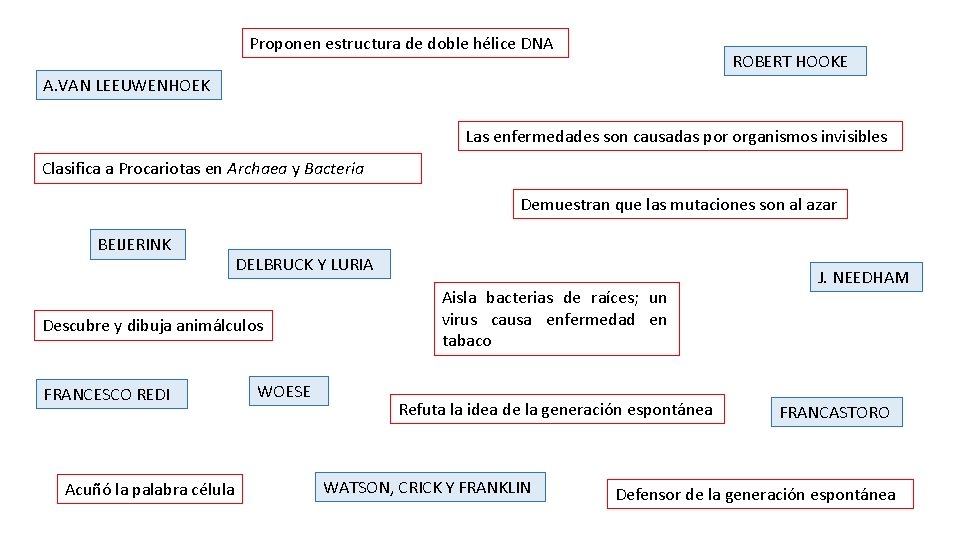 Proponen estructura de doble hélice DNA ROBERT HOOKE A. VAN LEEUWENHOEK Las enfermedades son