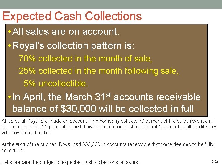 Expected Cash Collections • All sales are on account. • Royal’s collection pattern is: