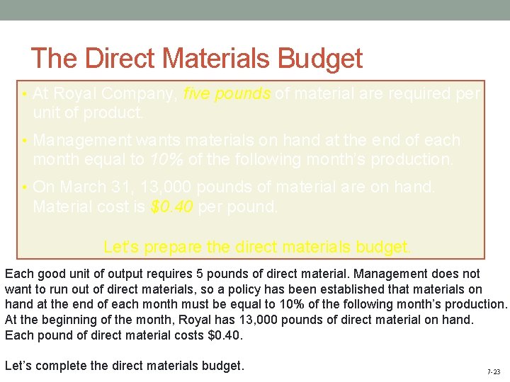 The Direct Materials Budget • At Royal Company, five pounds of material are required