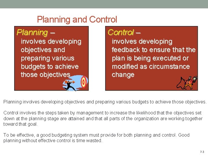 Planning and Control Planning – involves developing objectives and preparing various budgets to achieve