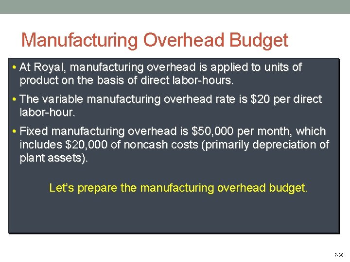 Manufacturing Overhead Budget • At Royal, manufacturing overhead is applied to units of product