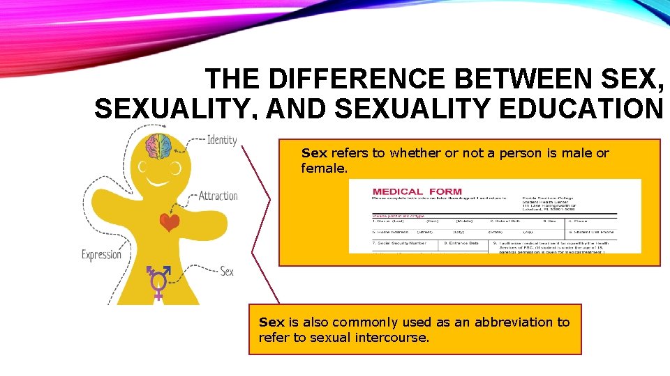 THE DIFFERENCE BETWEEN SEX, SEXUALITY, AND SEXUALITY EDUCATION Sex refers to whether or not